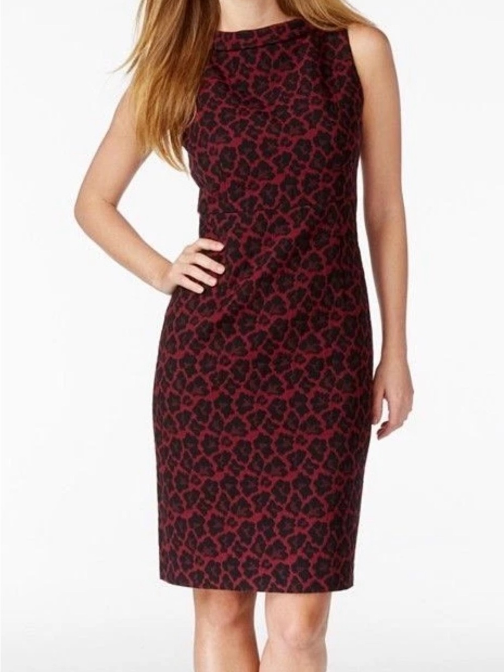 Anne Klein NEW Cordoba Red Black Cheetah Print Midi Dress Rolled Neck Womens 2